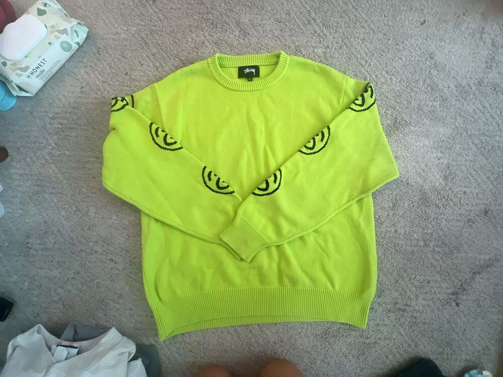 Stussy Neon Green Smiley Face Sleeve Knit Sweater Size L